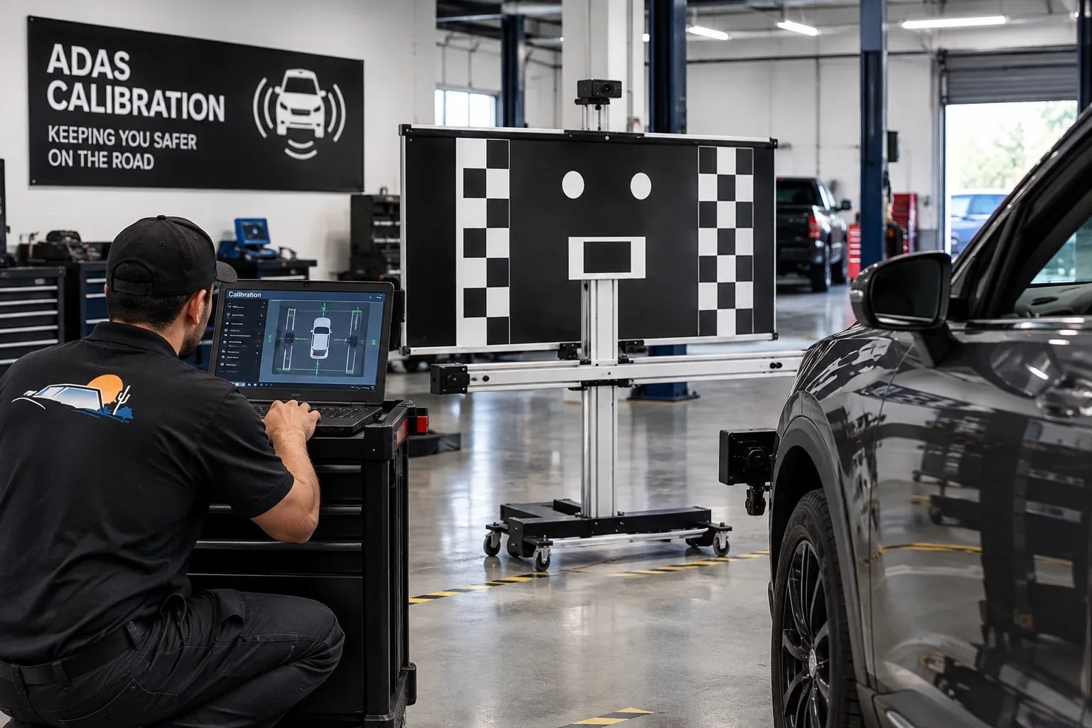 East Valley Auto Glass technician performing ADAS calibration with diagnostic tablet