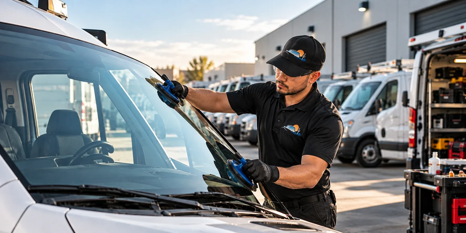 Two East Valley Auto Glass technicians replacing a commercial truck windshield