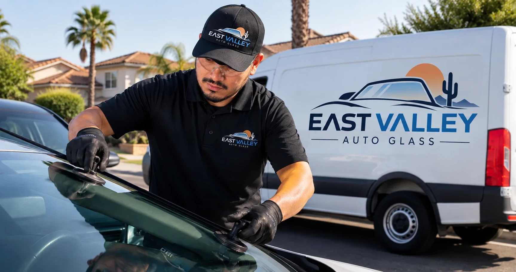 East Valley Auto Glass technician setting a windshield in a Scottsdale driveway, with the mobile service van behind him