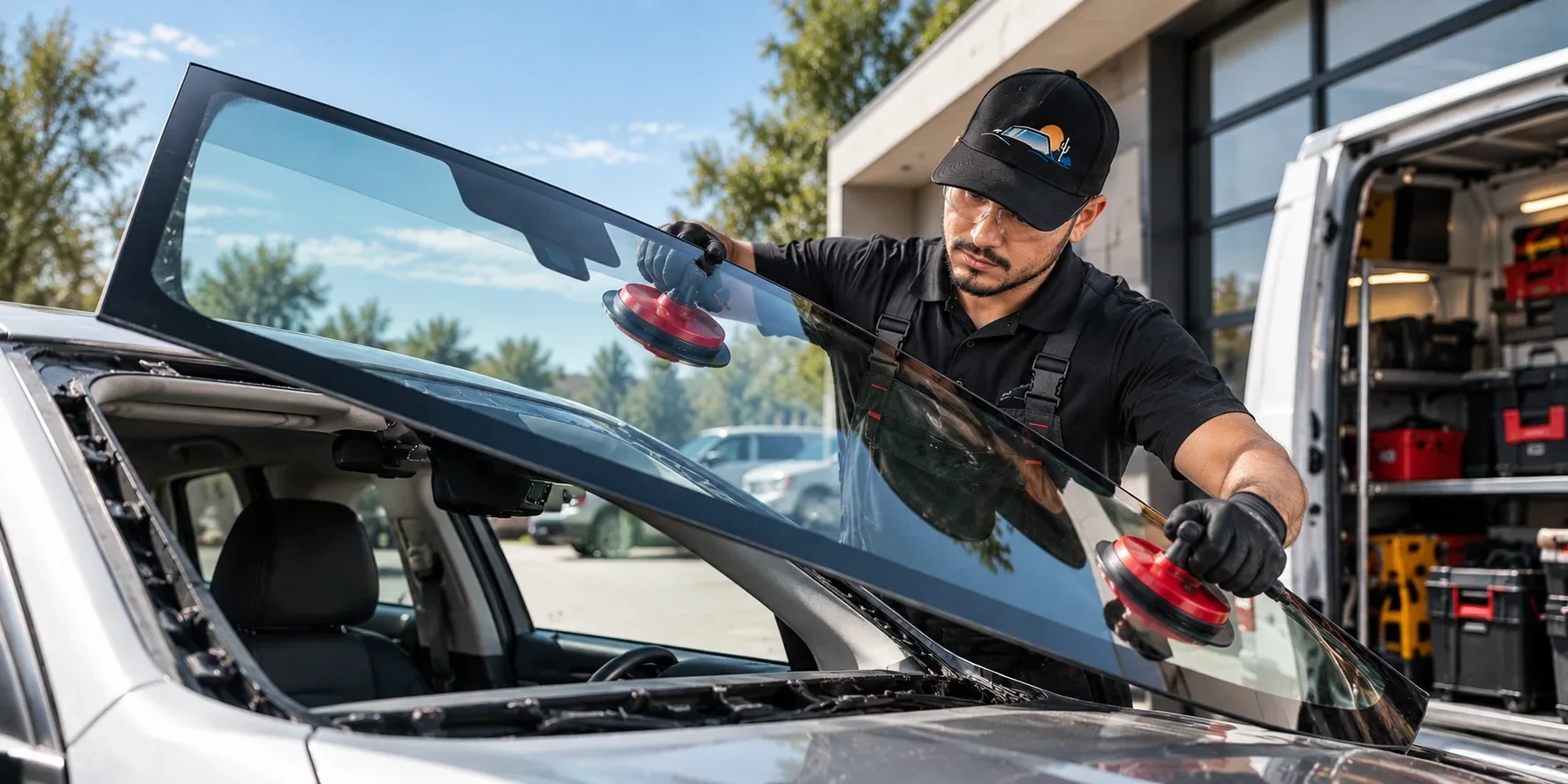 Two East Valley Auto Glass technicians installing a windshield